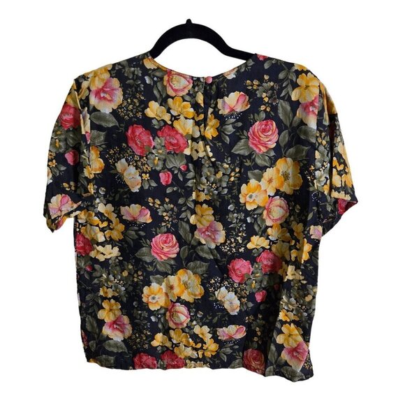 Royal Silk Vintage Made In India Black Floral Short Sleeve Blouse Size M - Picture 2 of 4